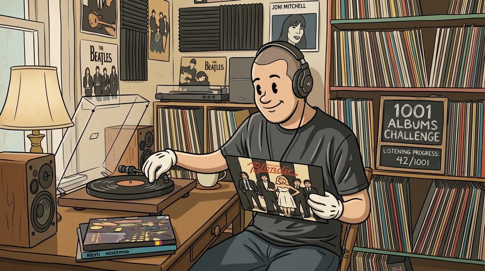 An Nano Banana illustration in the Rubber Hose style shows me, listening to vinyl in my record-filled room.